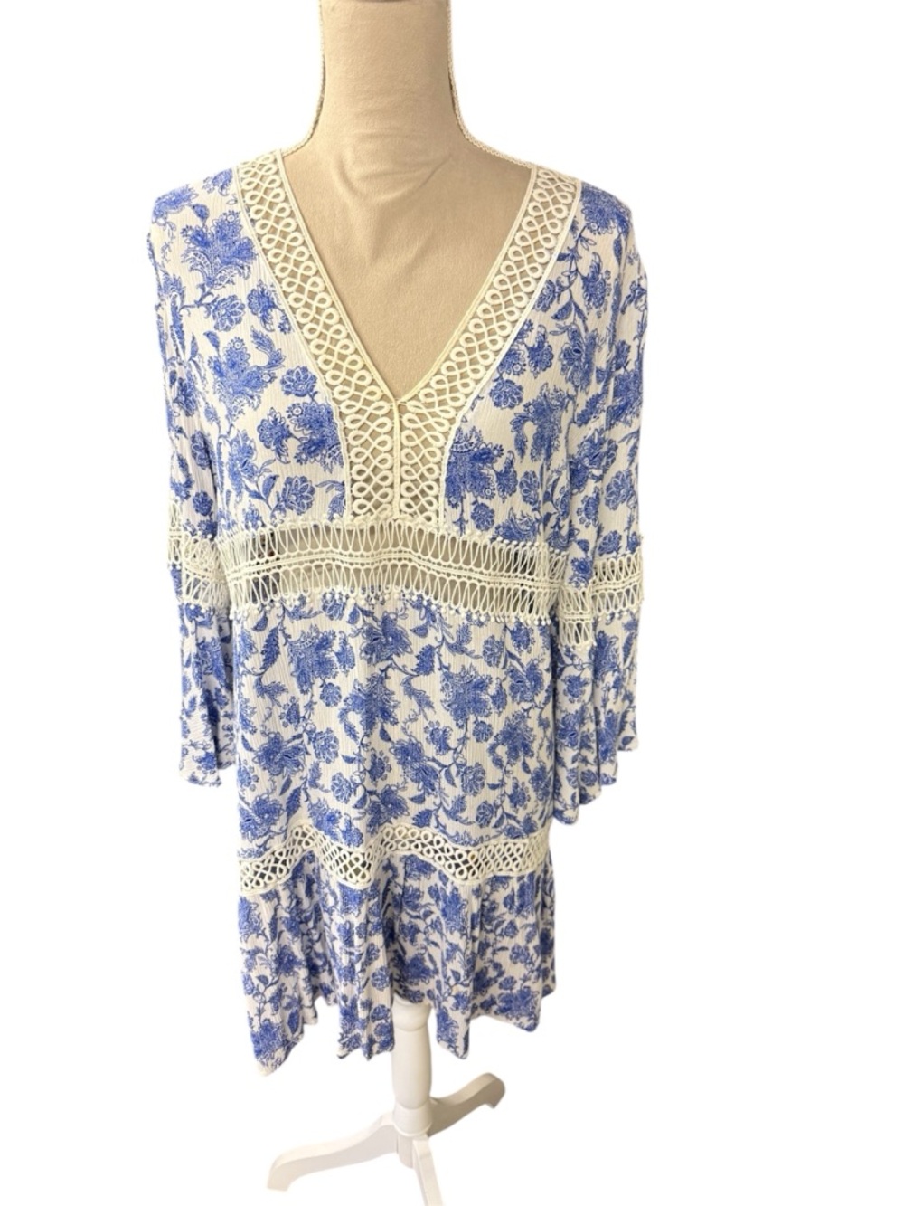 Solitaire  coverup  with Blue Floral Print and Cream Lace Trim